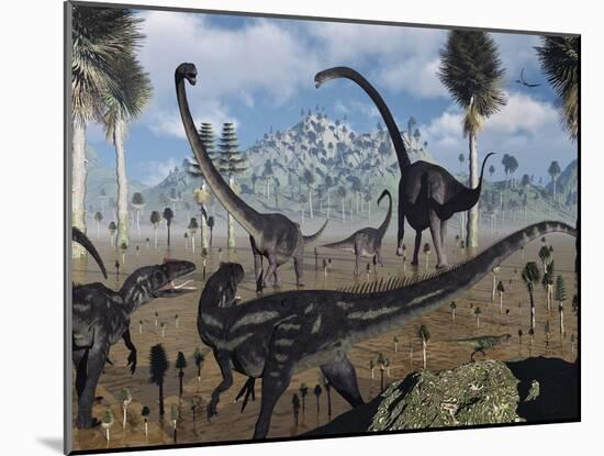 Two Allosaurus Predators Plan their Attack on a Young Omeisaurus-Stocktrek Images-Mounted Photographic Print