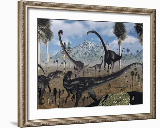 Two Allosaurus Predators Plan their Attack on a Young Omeisaurus-Stocktrek Images-Framed Photographic Print