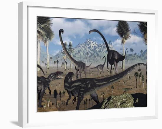 Two Allosaurus Predators Plan their Attack on a Young Omeisaurus-Stocktrek Images-Framed Photographic Print