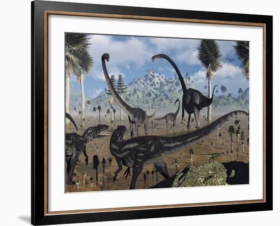 Two Allosaurus Predators Plan their Attack on a Young Omeisaurus-Stocktrek Images-Framed Photographic Print