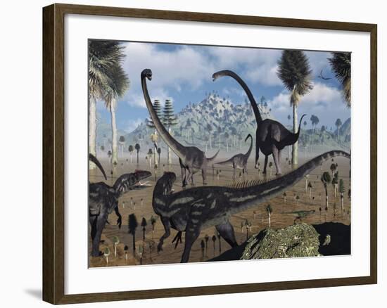 Two Allosaurus Predators Plan their Attack on a Young Omeisaurus-Stocktrek Images-Framed Photographic Print