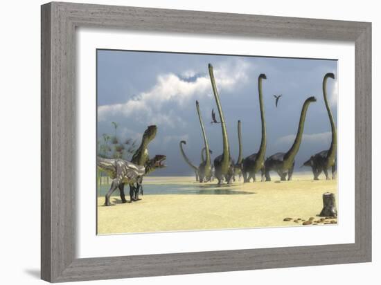 Two Allosaurus Predators Prepare for an Attack on a Herd of Omeisaurus-Stocktrek Images-Framed Art Print