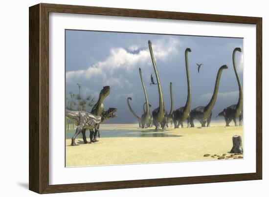 Two Allosaurus Predators Prepare for an Attack on a Herd of Omeisaurus-Stocktrek Images-Framed Art Print