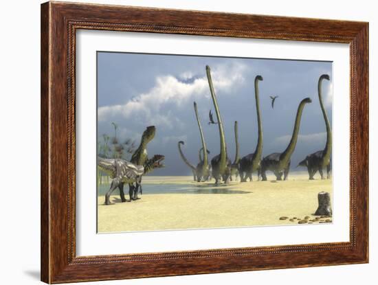 Two Allosaurus Predators Prepare for an Attack on a Herd of Omeisaurus-Stocktrek Images-Framed Art Print