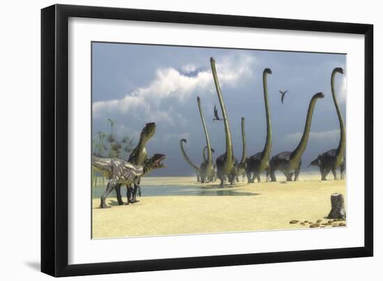 Two Allosaurus Predators Prepare for an Attack on a Herd of Omeisaurus-Stocktrek Images-Framed Art Print