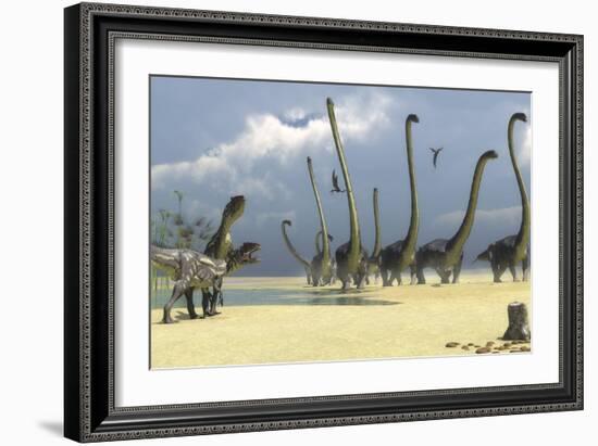 Two Allosaurus Predators Prepare for an Attack on a Herd of Omeisaurus-Stocktrek Images-Framed Art Print