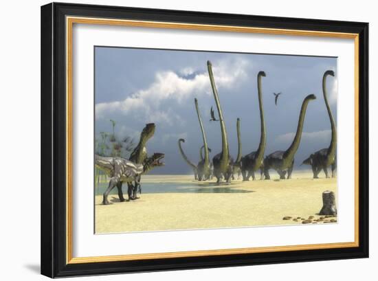 Two Allosaurus Predators Prepare for an Attack on a Herd of Omeisaurus-Stocktrek Images-Framed Art Print