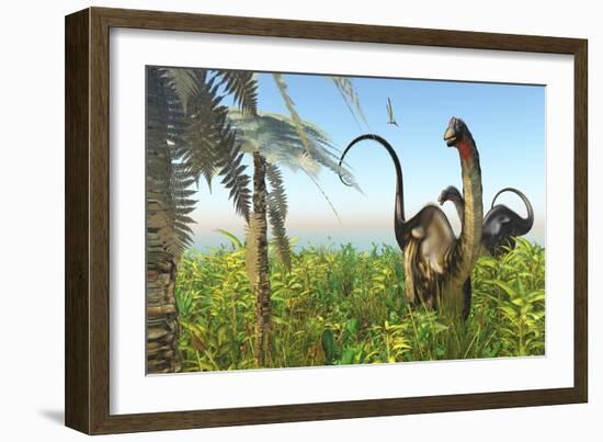 Two Apatosaurus Dinosaurs in a Lush Cretaceous Jungle-null-Framed Premium Giclee Print