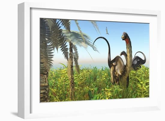 Two Apatosaurus Dinosaurs in a Lush Cretaceous Jungle-null-Framed Premium Giclee Print