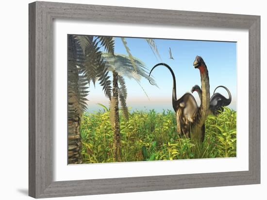 Two Apatosaurus Dinosaurs in a Lush Cretaceous Jungle-null-Framed Art Print