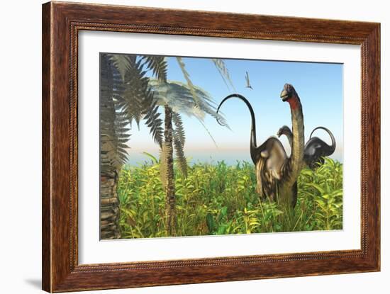 Two Apatosaurus Dinosaurs in a Lush Cretaceous Jungle-null-Framed Art Print