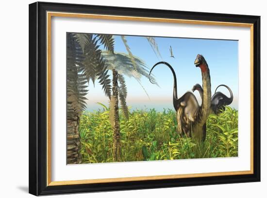 Two Apatosaurus Dinosaurs in a Lush Cretaceous Jungle-null-Framed Art Print