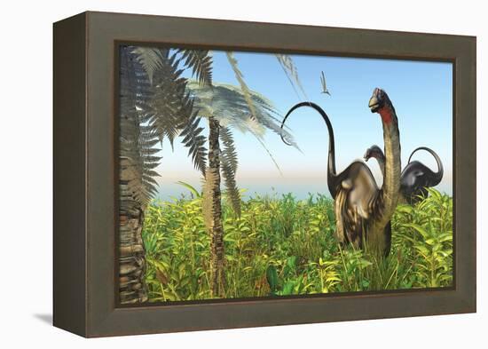 Two Apatosaurus Dinosaurs in a Lush Cretaceous Jungle-null-Framed Stretched Canvas