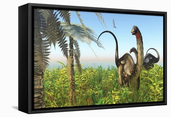 Two Apatosaurus Dinosaurs in a Lush Cretaceous Jungle-null-Framed Stretched Canvas