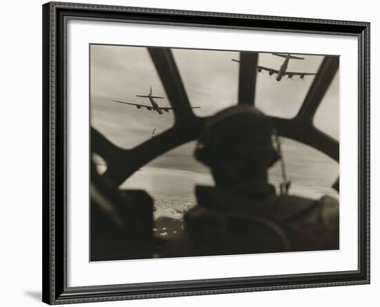 Two B-29 Super-Fortresses Drop Bombs over Malaya as Seen from the Cockpit of Third Bomber, 1943-45-null-Framed Photo