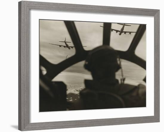 Two B-29 Super-Fortresses Drop Bombs over Malaya as Seen from the Cockpit of Third Bomber, 1943-45-null-Framed Photo
