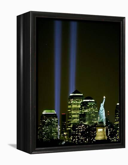 Two Beams of Light Light up the Sky Above Manhattan from Near the Site of the World Trade Center-null-Framed Premier Image Canvas