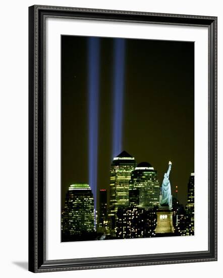 Two Beams of Light Light up the Sky Above Manhattan from Near the Site of the World Trade Center-null-Framed Photographic Print