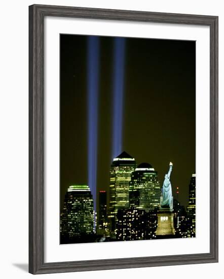 Two Beams of Light Light up the Sky Above Manhattan from Near the Site of the World Trade Center-null-Framed Photographic Print