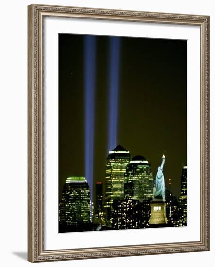 Two Beams of Light Light up the Sky Above Manhattan from Near the Site of the World Trade Center--Framed Photographic Print