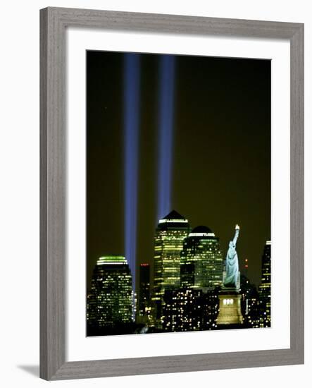 Two Beams of Light Light up the Sky Above Manhattan from Near the Site of the World Trade Center-null-Framed Photographic Print