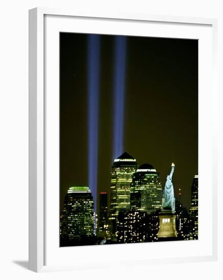 Two Beams of Light Light up the Sky Above Manhattan from Near the Site of the World Trade Center-null-Framed Photographic Print