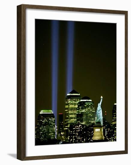 Two Beams of Light Light up the Sky Above Manhattan from Near the Site of the World Trade Center-null-Framed Photographic Print