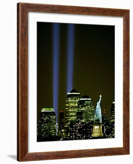 Two Beams of Light Light up the Sky Above Manhattan from Near the Site of the World Trade Center-null-Framed Photographic Print