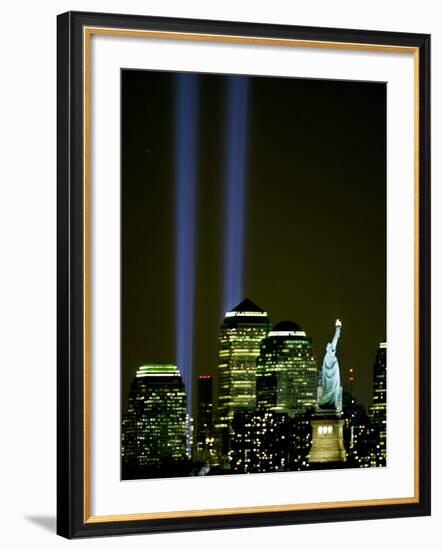 Two Beams of Light Light up the Sky Above Manhattan from Near the Site of the World Trade Center-null-Framed Photographic Print