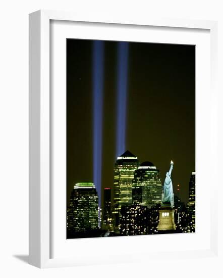 Two Beams of Light Light up the Sky Above Manhattan from Near the Site of the World Trade Center-null-Framed Photographic Print