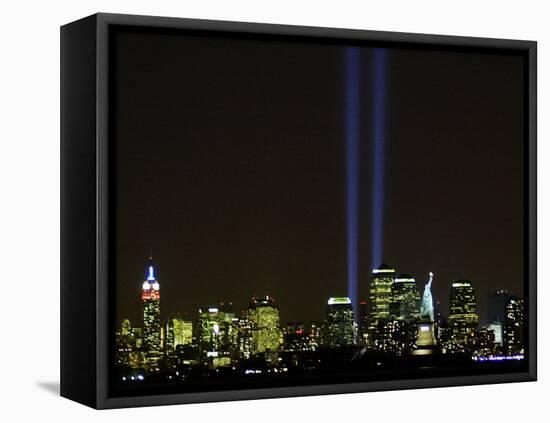 Two Beams of Light Light up the Sky Above Manhattan-null-Framed Premier Image Canvas