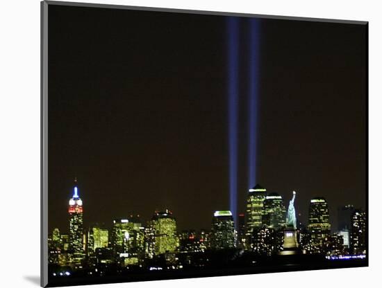 Two Beams of Light Light up the Sky Above Manhattan-null-Mounted Photographic Print