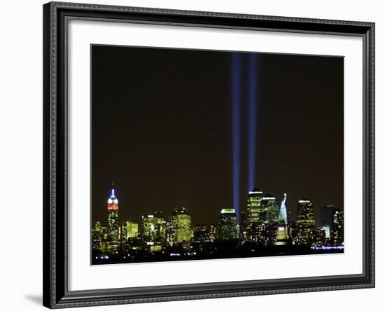 Two Beams of Light Light up the Sky Above Manhattan-null-Framed Photographic Print