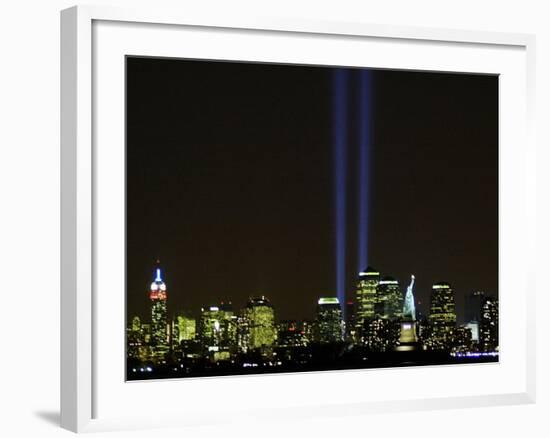 Two Beams of Light Light up the Sky Above Manhattan-null-Framed Photographic Print