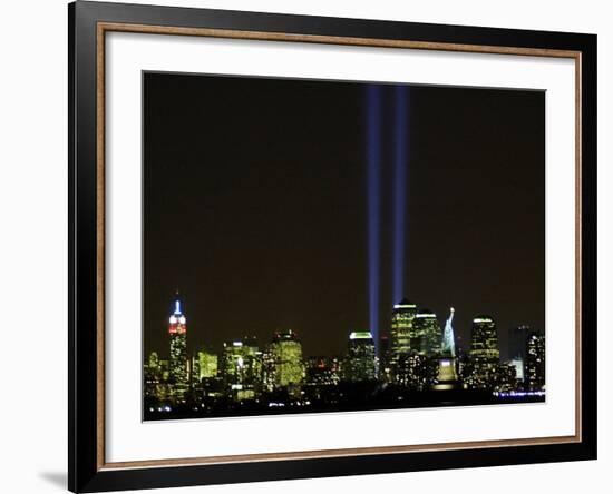 Two Beams of Light Light up the Sky Above Manhattan-null-Framed Photographic Print