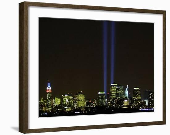 Two Beams of Light Light up the Sky Above Manhattan-null-Framed Photographic Print