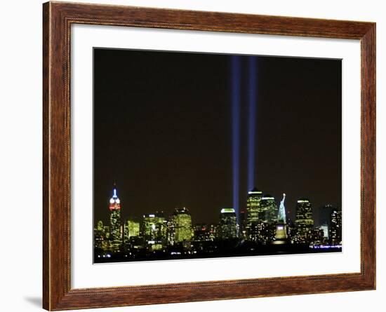 Two Beams of Light Light up the Sky Above Manhattan-null-Framed Photographic Print