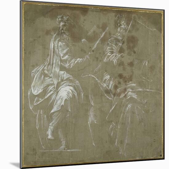 Two Bearded Prophets Seated, Holding Open Books-Polidoro da Caravaggio-Mounted Giclee Print