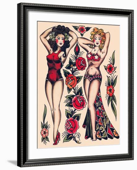 Two Beautiful Women, Authentic Vintage Tatooo Flash by Norman Collins, aka, Sailor Jerry-Piddix-Framed Art Print