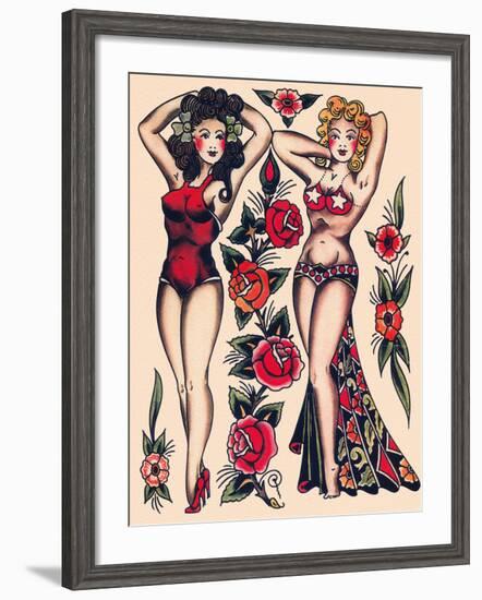 Two Beautiful Women, Authentic Vintage Tatooo Flash by Norman Collins, aka, Sailor Jerry-Piddix-Framed Art Print