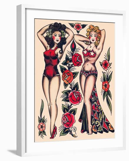 Two Beautiful Women, Authentic Vintage Tatooo Flash by Norman Collins, aka, Sailor Jerry-Piddix-Framed Art Print