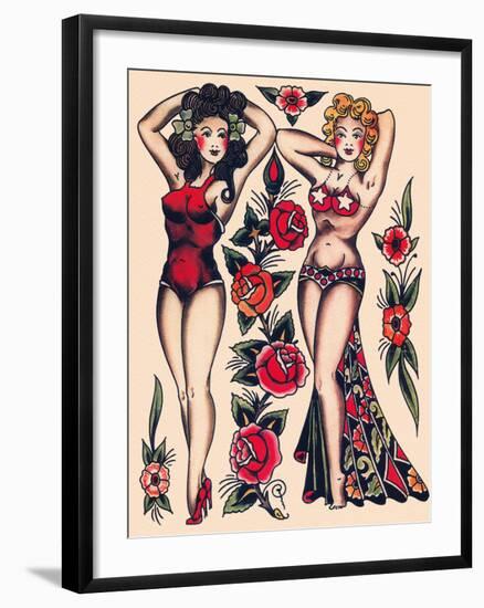 Two Beautiful Women, Authentic Vintage Tatooo Flash by Norman Collins, aka, Sailor Jerry-Piddix-Framed Art Print