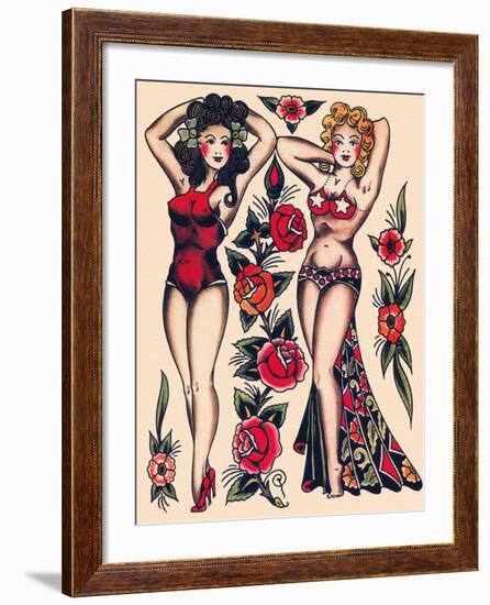 Two Beautiful Women, Authentic Vintage Tatooo Flash by Norman Collins, aka, Sailor Jerry-Piddix-Framed Art Print