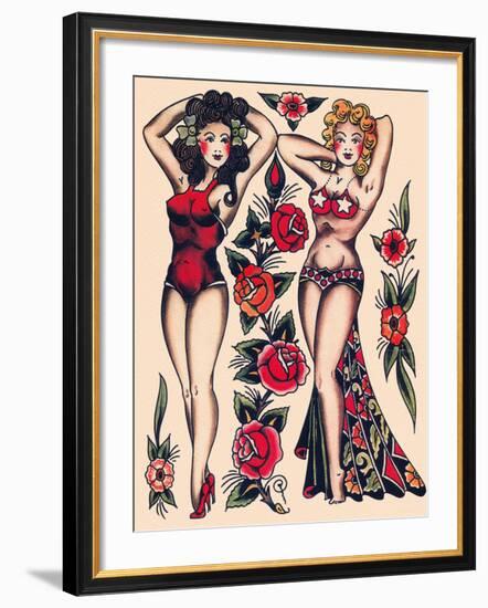 Two Beautiful Women, Authentic Vintage Tatooo Flash by Norman Collins, aka, Sailor Jerry-Piddix-Framed Art Print