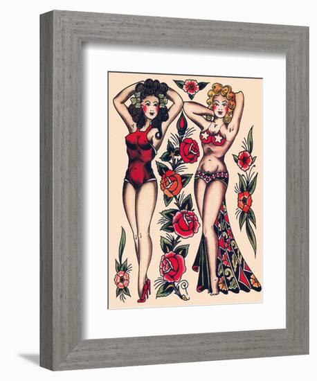 Two Beautiful Women, Authentic Vintage Tatooo Flash by Norman Collins, aka, Sailor Jerry-Piddix-Framed Art Print