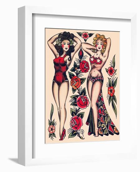 Two Beautiful Women, Authentic Vintage Tatooo Flash by Norman Collins, aka, Sailor Jerry-Piddix-Framed Art Print