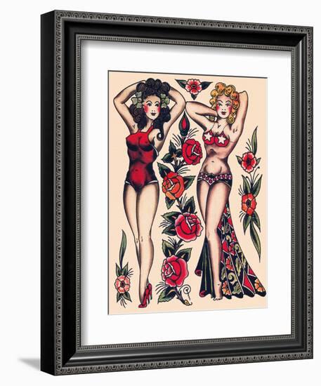 Two Beautiful Women, Authentic Vintage Tatooo Flash by Norman Collins, aka, Sailor Jerry-Piddix-Framed Art Print