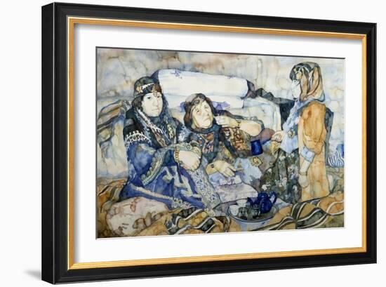 Two Bedouins Drinking Tea, Watercolor by Soubhi Abdul Naef from Countryside around Euphrates-null-Framed Giclee Print
