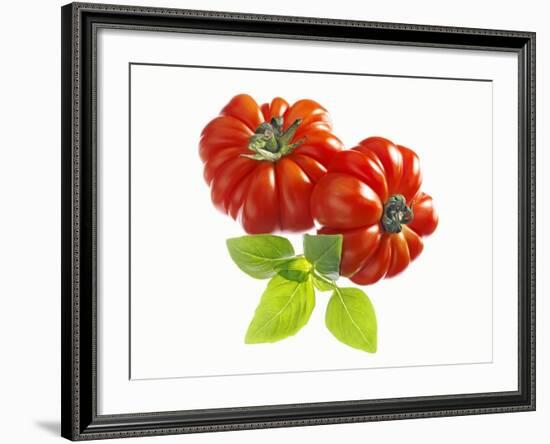 Two Beefsteak Tomatoes with Basil Leaves-Janez Puksic-Framed Photographic Print