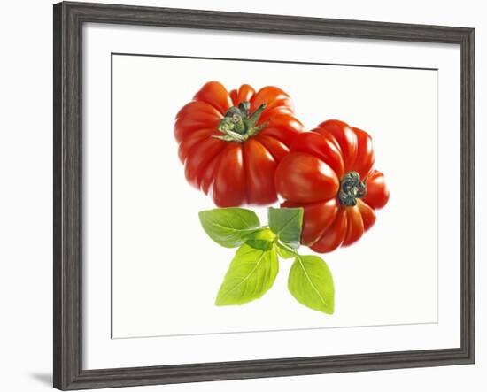 Two Beefsteak Tomatoes with Basil Leaves-Janez Puksic-Framed Photographic Print